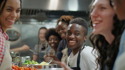 Obraz premium Group of smiling students in cooking class, having so much fun