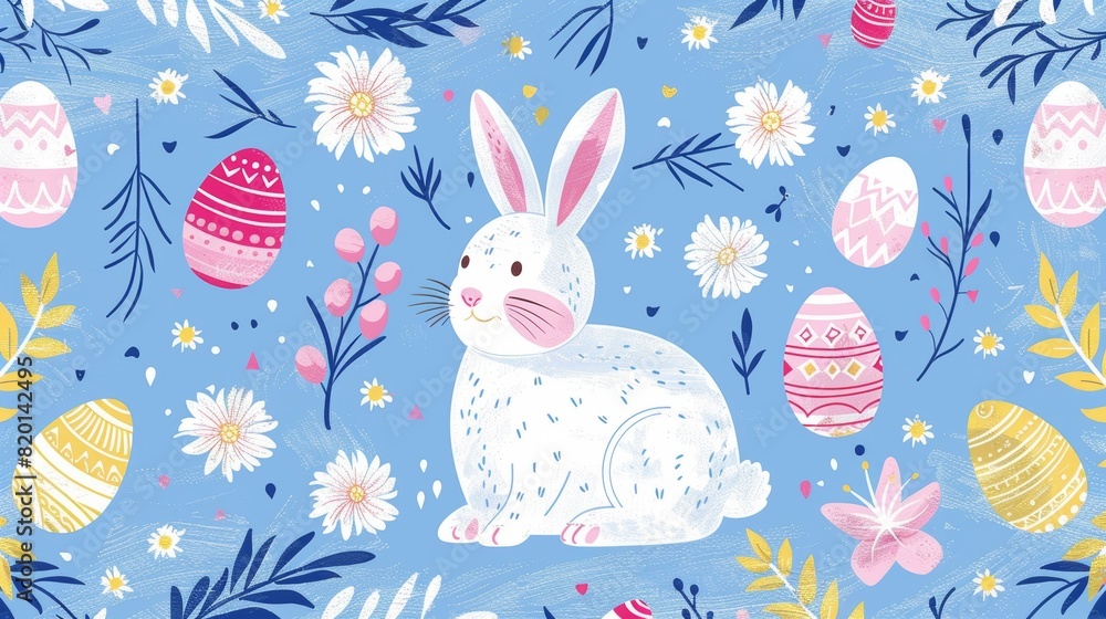 Wall mural Background easter egg spring bunny happy rabbit flower seamless cute.  - Wall murals