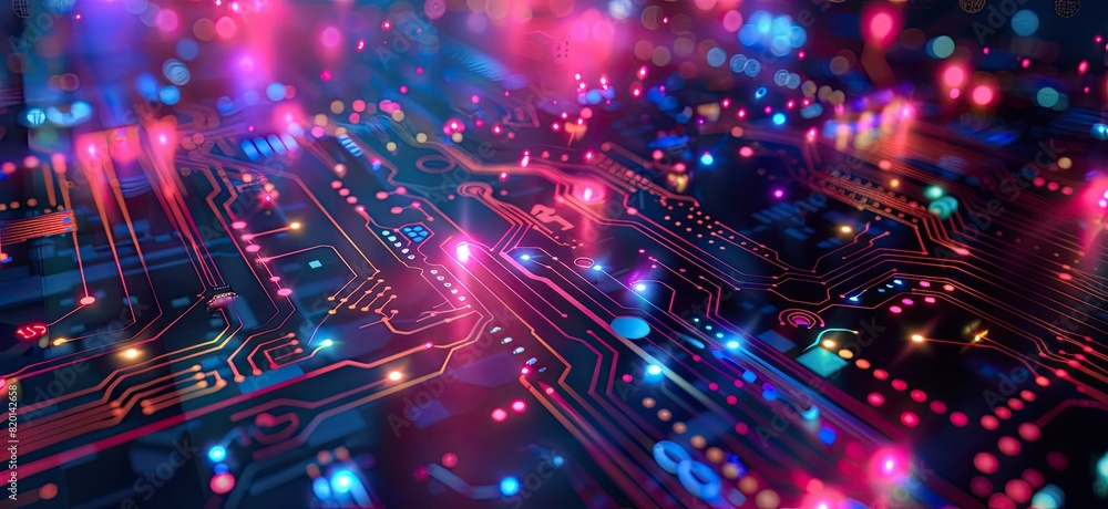 Poster a computer chip with a blue background and orange and red lines. the lines are glowing and it looks 