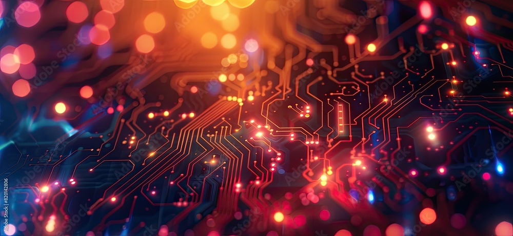 Poster a computer chip with a blue background and orange and red lines. the lines are glowing and it looks 