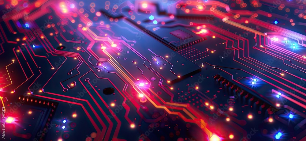 Poster a computer chip with a blue background and orange and red lines. the lines are glowing and it looks 