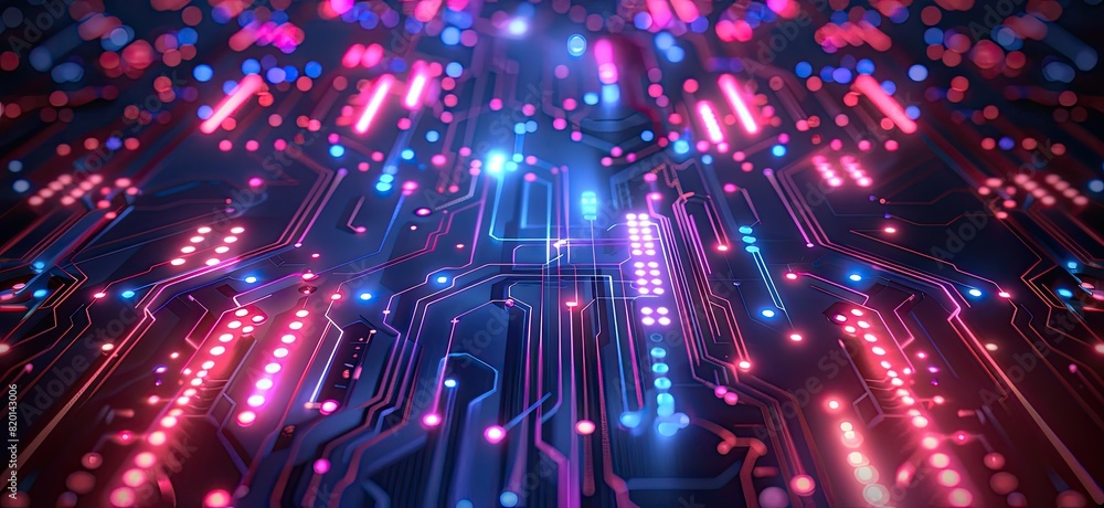 Poster a computer chip with a blue background and orange and red lines. the lines are glowing and it looks 