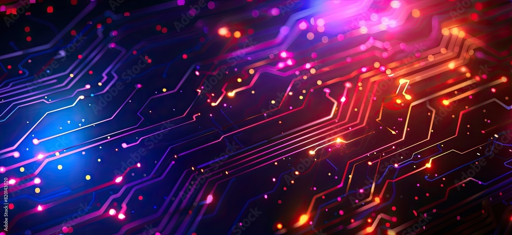 Poster a computer chip with a blue background and orange and red lines