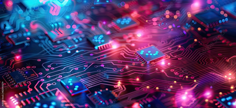 Poster a computer chip with a blue background and orange and red lines