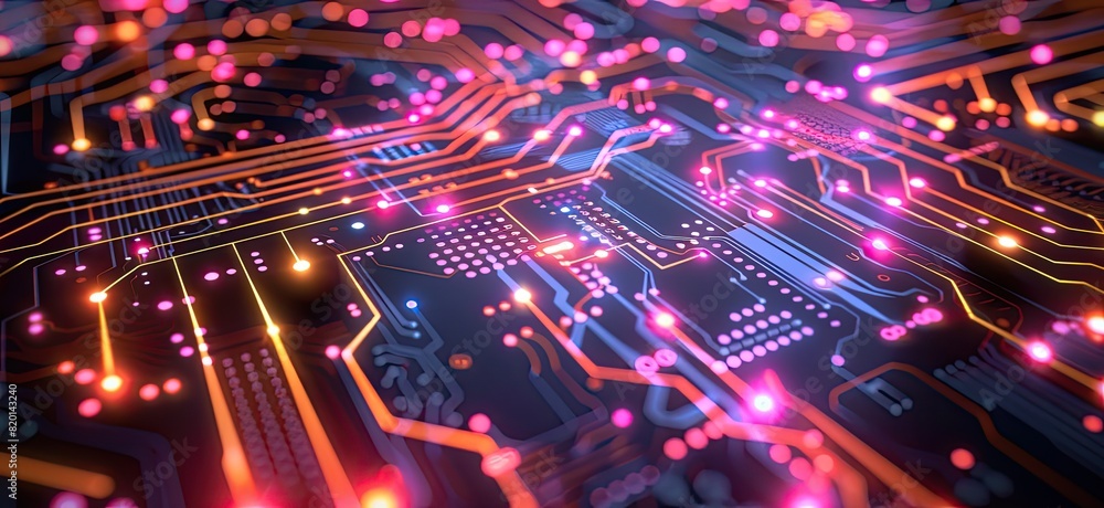 Poster a computer chip with a blue background and orange and red lines