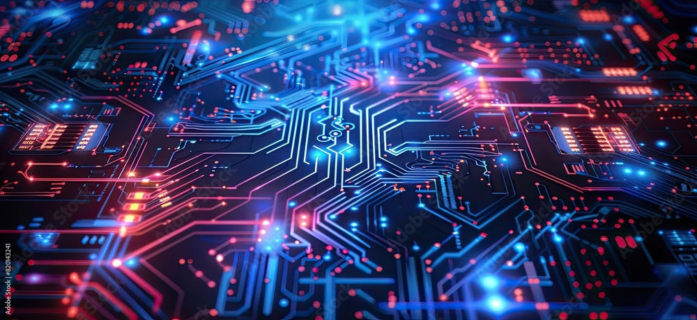 Poster a computer chip with a blue background and orange and red lines
