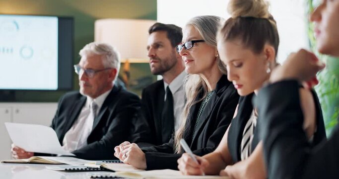 Committee, listening and business people in office for meeting, job interview or proposal pitch. Corporate, professional and men and women for recruitment choice, decision and teamwork with documents