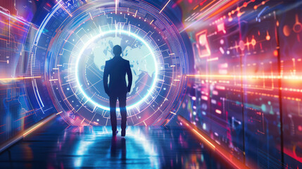 Fototapeta premium Businessman standing with hands hips, looking hologram screen. Concept modern office, artificial intelligence, cloud computing, data discovery, and innovation in technology.