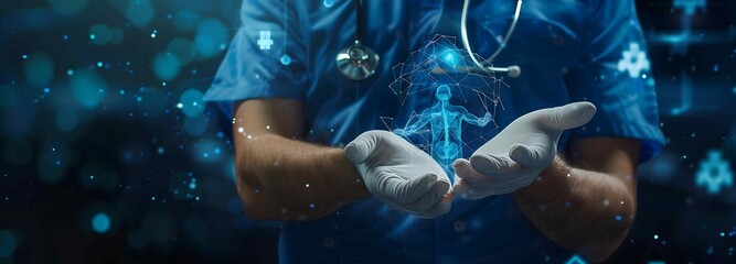 A doctor is holding an xray hologram of a human in his hands - Powered by Adobe