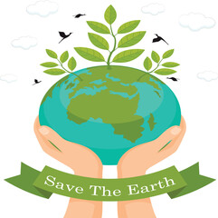Let's save the Earth, hands protect the planet Earth. Vector, cartoon illustration. World Earth Day Nature lover, ecology friendly lifestyle