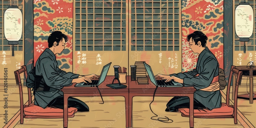Poster seated at a table, two men focus intently on their laptops, one of them adding a unique touch to the