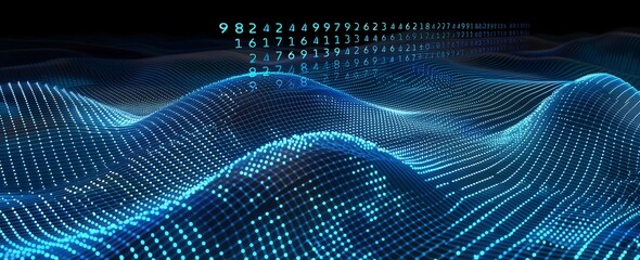 abstract blue background with waves and binary code