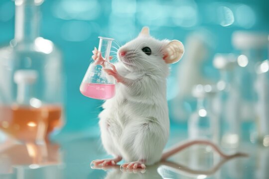 A rat conducting experiments in a lab, surrounded by scientific equipment and test tubes