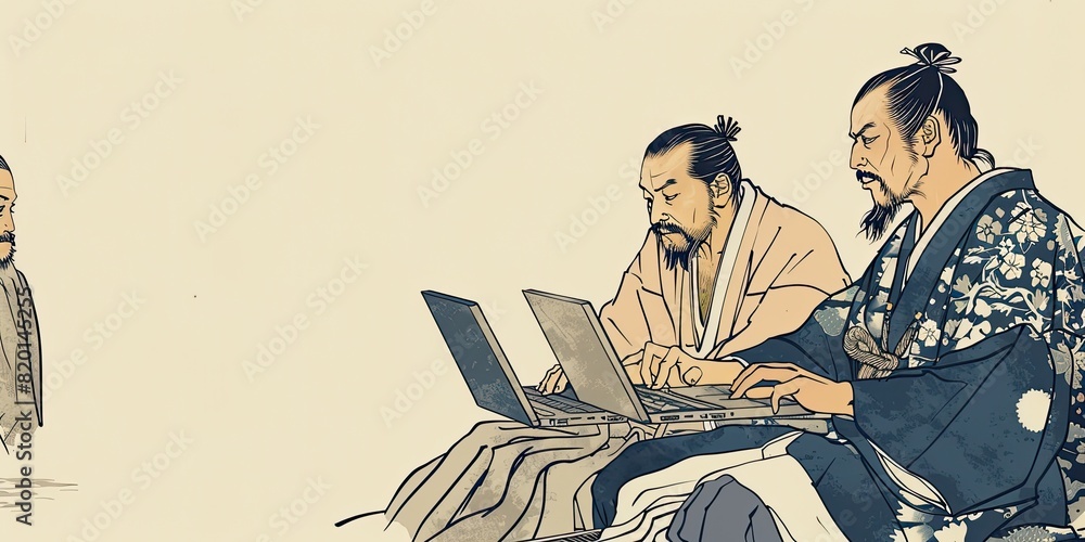 Poster seated at a table, two men focus intently on their laptops, one of them adding a unique touch to the
