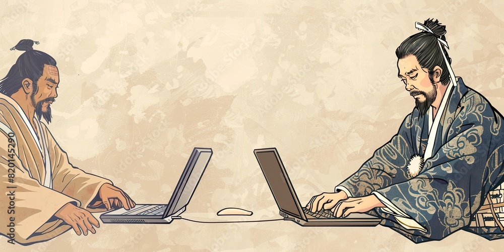 Poster seated at a table, two men focus intently on their laptops, one of them adding a unique touch to the