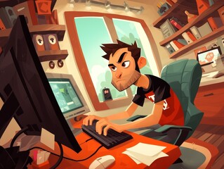 Comic style drawing of someone working on a computer, office background with bookshelves and windows, colorful and vivid