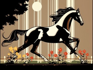 Flat colored vector art of a horse, using simple geometric shapes, on a subtle brown background, sleek vector design