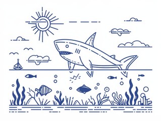 Friendly shark in pop colors, cartoon look, simplistic design for kids illustration, undersea adventure