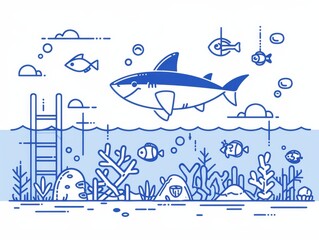Friendly shark in pop colors, cartoon look, simplistic design for kids illustration, undersea adventure