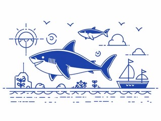 Friendly shark in pop colors, cartoon look, simplistic design for kids illustration, undersea adventure