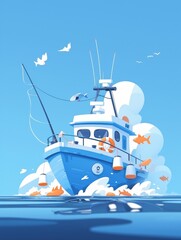 Fun fishing boat in a cartoon, colorful style, simplistic and stylized, perfect for educational childrens content