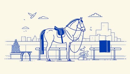 Horse illustrated in vector with basic flat colors and shapes, clean brown background, straightforward vector style