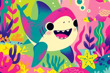 Joyous shark illustration in a cartoon style, simplified shapes and bright colors, playful undersea theme