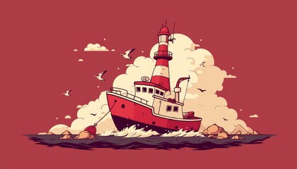 Little tugboat in cartoon style, vibrant and cheerful, simplified illustration for a baby s room decor