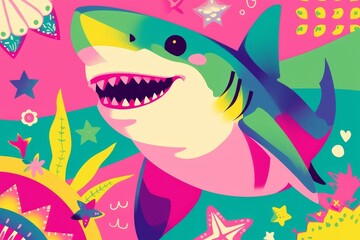 Joyous shark illustration in a cartoon style, simplified shapes and bright colors, playful undersea theme