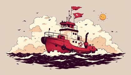 Little tugboat in cartoon style, vibrant and cheerful, simplified illustration for a baby s room decor