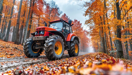Tractor road in autumn forest with fallen leaves. Scenic view rural transportation. Farming...