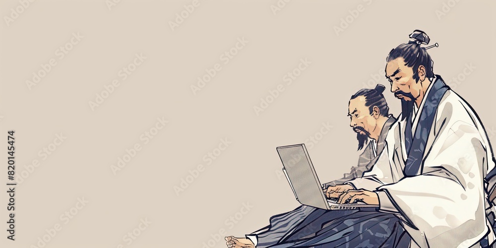 Poster seated at a table, two men focus intently on their laptops, one of them adding a unique touch to the