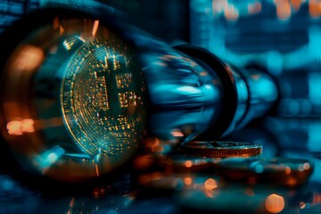 Bitcoin through a lens with stock in background 