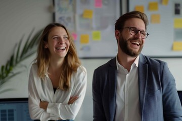 A happy man and woman in an office