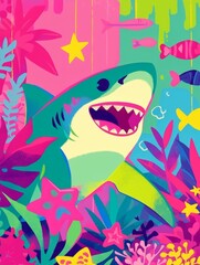 Bright, cheerful cartoon shark, simplified style, popping colors, engaging for young audiences