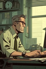 Animated style of a busy professional at a computer, vibrant office setting in the background, cartoonlike illustration