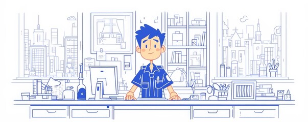 Animated worker at a computer, detailed office background, cartoon style with a light and humorous touch