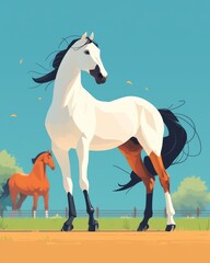 Vector illustration of a horse with flat color design, simple shapes on a brown background, minimalist vector art style