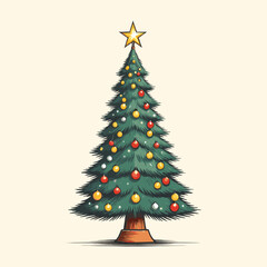  Hand Drawn Christmas Tree and Lights Illustration Engraved Style