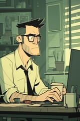 Animated style of a busy professional at a computer, vibrant office setting in the background, cartoonlike illustration