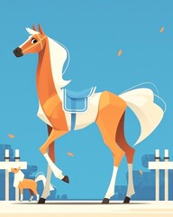 Vector illustration of a horse with flat color design, simple shapes on a brown background, minimalist vector art style