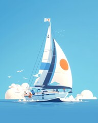 Brightly colored sailboat in cartoon style, playful waves, simplified design, ideal for a fun nursery poster