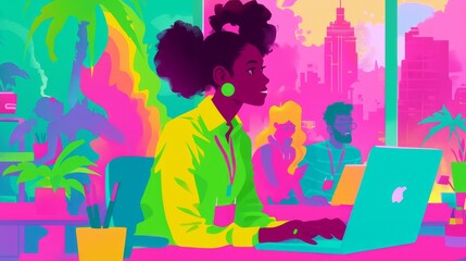 Cartoon illustration of a person focused on a computer, office scene with coworkers in the background, lively colors