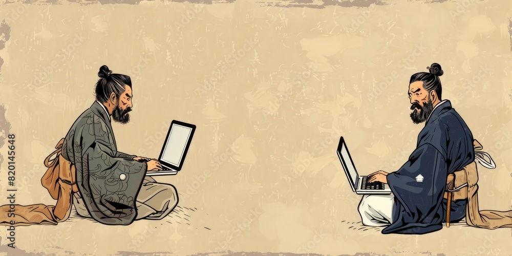 Poster seated at a table, two men focus intently on their laptops, one of them adding a unique touch to the