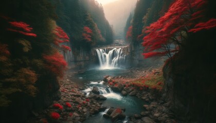 A beautiful waterfall, surrounded by trees and rocks in the valley, with red leaves on both sides. The misty river flows down from above to below. In autumn - Powered by Adobe