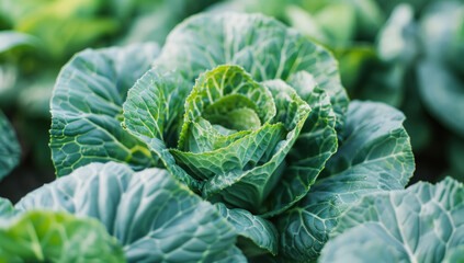 Obraz premium Cabbage in garden. And shallow depth field. Big, juicy cabbage head, healthy eating and vegetarian lifestyle. Freshness leafy vegetable in rustic farming land. Harvesting in springtime nourishment.