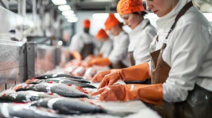 Production line of people who fillet fish in a factory