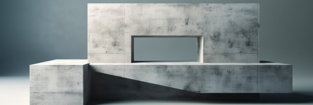 Minimalist Concrete Architecture Design: Geometric Grey Blocks and Shadows in Soft Light
