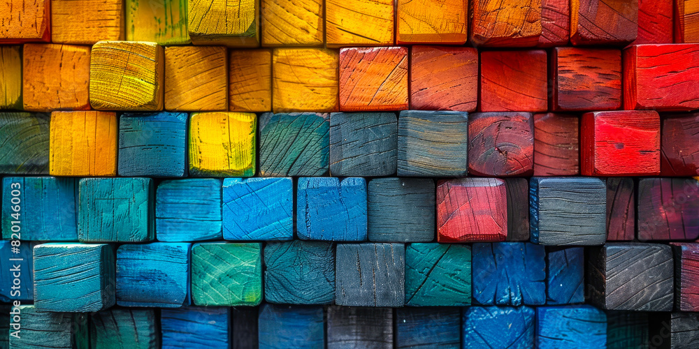 Aufkleber vivid spectrum of colored wooden blocks in seamless array - abstract wall art