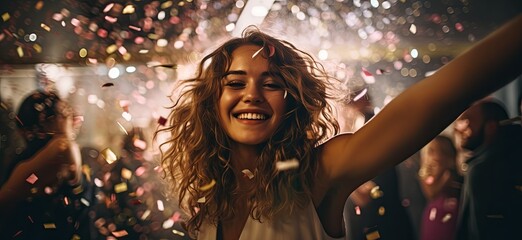 A festive spirit envelops the scene as a woman smiles brightly, throwing confetti into the air, her happiness contagious and the air filled with vibrant colors.